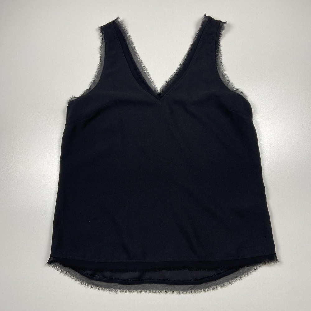Halogen Sleeveless V-Neck Blouse XS Blk Chiffon Raw Hem Quiet Luxury Minimalist
